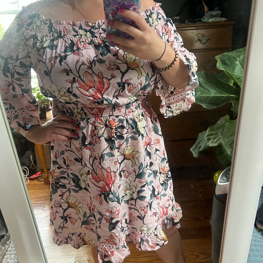 Hello, Darling Blush Pink Floral Print Off-the-Shoulder Dress from Lulus, size L